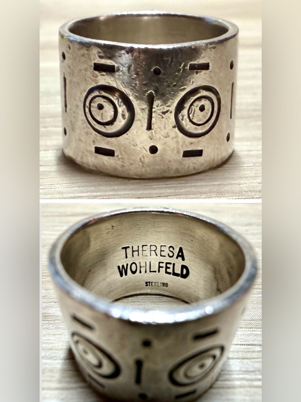 Vintage Handmade Designer Theresa Wohlfeld Stering Silver Etched Wide Band Ring